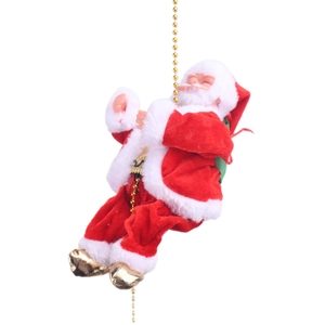 Electric climbing Santa Claus toy on gold bead chain with red suit and green gift bag