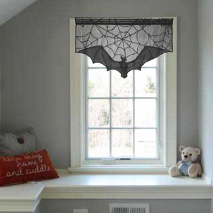 Schwarze Halloween-Spitzenvalance mit Spinnennetz- und Fledermausmustern für Fenster