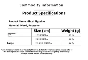 Size chart for Halloween ghost figurines made of wood and polyester in three variants