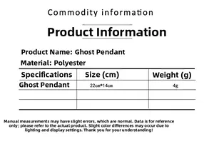 Size chart for the Halloween ghost pendant showing dimensions 22cm by 14cm and polyester material