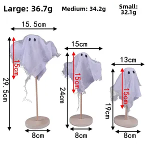 Size chart showing dimensions for small, medium, and large Halloween ghost decorations