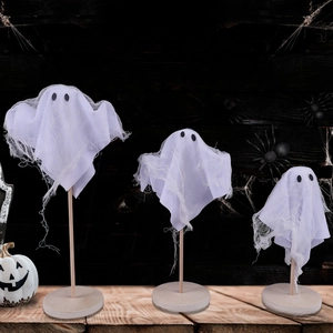 Set of three white mesh ghost table decorations with wooden stands for Halloween party decor