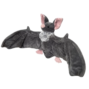 Poupée chauve-souris en peluche grise aux ailes déployées sur fond blanc