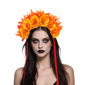 Serre-tête Jour des Morts avec roses orange et longs rubans rouges noirs pour Halloween