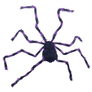 Giant black and purple plush Halloween spider with glowing eyes for spooky party decor