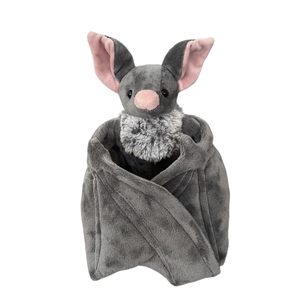 Peluche chauve-souris d'Halloween grise avec oreilles roses et col en fourrure