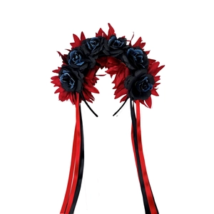 Serre-tête gothique Jour des Morts avec roses rouges et noires et longs rubans