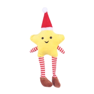 Plush yellow Christmas star doll with festive red hat and striped legs for home decor