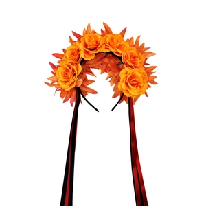 Serre-tête Jour des Morts avec roses oranges, feuilles pointues et rubans suspendus