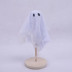 Ghost figurine with white mesh fabric and wooden base for Halloween party desktop decor