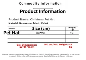 Specifications for plush Christmas pet hat made of non-woven fabric and flannel