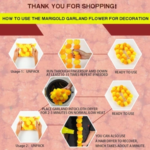 Guide showing how to fluff orange and yellow artificial marigold flower garlands