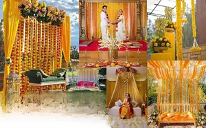 Detail of yellow and orange artificial marigold garlands for Indian wedding decorations