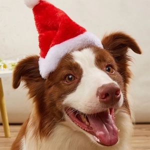 Classic red plush Christmas hat for dogs and cats with white pompom and festive design