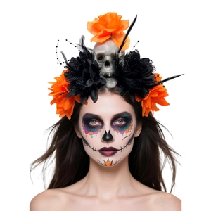 Tag der Toten Stirnband mit Totenköpfen, Orangen Blumen und Federn für Halloween-Partys