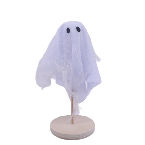 Halloween ghost tabletop decoration with white mesh fabric and a stable wooden base