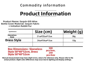 Detailed size chart for Sequin and Faux Fur Christmas Wine Bottle Covers in two styles