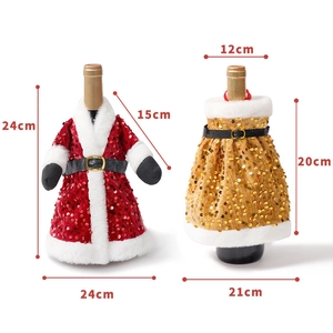 Detailed view of red and gold sequin Christmas wine bottle covers with dimensions shown