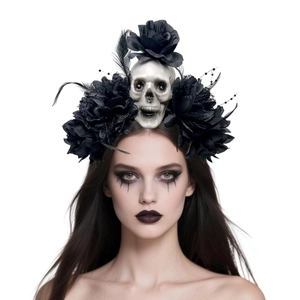 Tag der Toten Stirnband mit Totenkopf, schwarzen Rosen und Federn für Halloween Cosplay