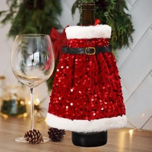 Christmas sequin dress wine bottle cover with red glitters and white faux fur trim decor