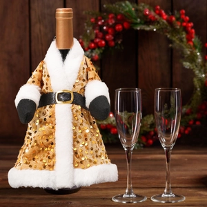 Christmas gold sequin dress wine bottle cover with white faux fur trim and belt decoration