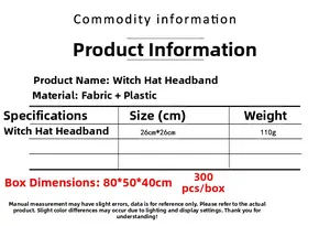 Detailed specifications of the 26x26cm lace sequin witch hat headband for Halloween parties