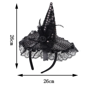 Detail view of 26cm Halloween witch hat headband with black lace, feathers and roses