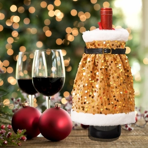 Golden sequin Christmas wine bottle dress with white faux fur trim and black belt decoration