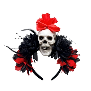 Tag der Toten Haarreif mit weißem Totenkopf, roten Blumen und schwarzer Spitze für Halloween
