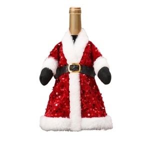 Detail of red sequined Santa suit wine bottle cover with faux fur trim and gold belt buckle