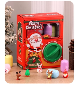 Close-up of a festive red Christmas Gashapon machine with colorful eggs and mini figures