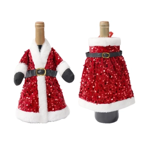 Christmas sequin dress and Santa coat wine bottle covers with faux fur and belt details
