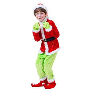 Kids Grinch costume set with red velvet jacket green fuzzy pants and Santa hat for Christmas