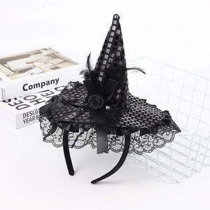 Halloween black sequin witch hat headband with delicate lace and feathers on white background