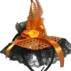 Halloween mini witch hat headband with orange sequins, black lace, and decorative feather