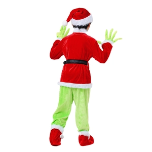 Rear view of Grinch cosplay costume with red velvet jacket and green plush trousers