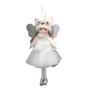 Poupée ange de Noël mignonne avec bonnet hibou, jupe en dentelle et ailes scintillantes