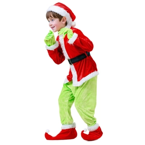 Kids Grinch Christmas cosplay outfit with green furry pants and red velvet Santa jacket
