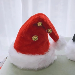 Classic red plush Christmas hat with white faux fur trim and three gold bells
