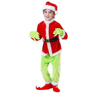 Kids Grinch style Christmas cosplay costume with red velvet jacket and green furry pants