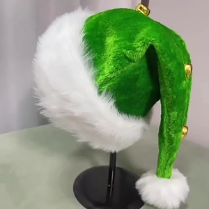 Plush Christmas elf hat in green and white with gold bells for holiday decoration