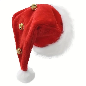 Close-up of classic red plush Santa hat with white trim and three gold metal bells decoration