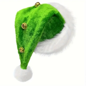 Festive Plush Christmas Hat With Golden Bells Red Green Santa Claus Hat For Adults Christmas Decoration Party Supplies