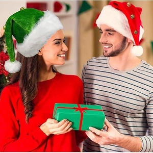 Classic red and green plush Christmas hats with gold bells and pom-pom decor