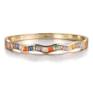Detail of wavy gold bracelet with rainbow zircon baguette stones and polished finish