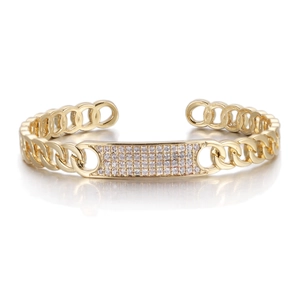 Gold-plated Cuban link open bracelet with crystal micro-pave rectangular centerpiece
