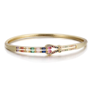 Golden horseshoe bangle with double-row colorful stones and micro-pave crystals
