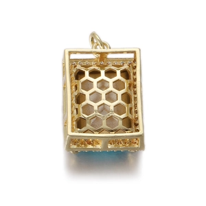 Colgante de cruz dorada con diseño de panal y gema azul para creación de joyería