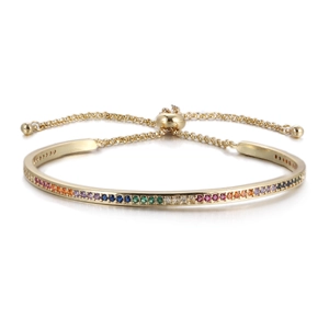 Detail of gold rainbow gemstone open bracelet featuring an adjustable pull-chain mechanism