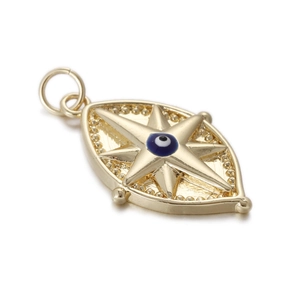 Detailed close-up of golden evil eye pendant with starburst and bead edging